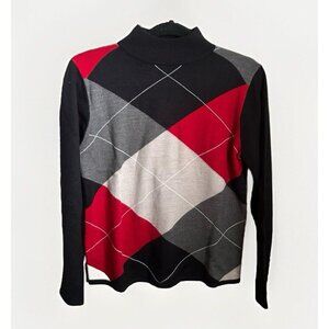 Vintage Sag Harbor Argyle Sweater Women's Small Black Red Mock Turtleneck Preppy